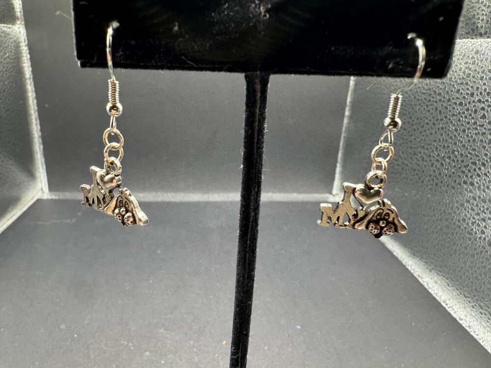 I LOVE My Dog Dangle Drop Style Wire Earrings Pierced Silver Tone 17.7mm
